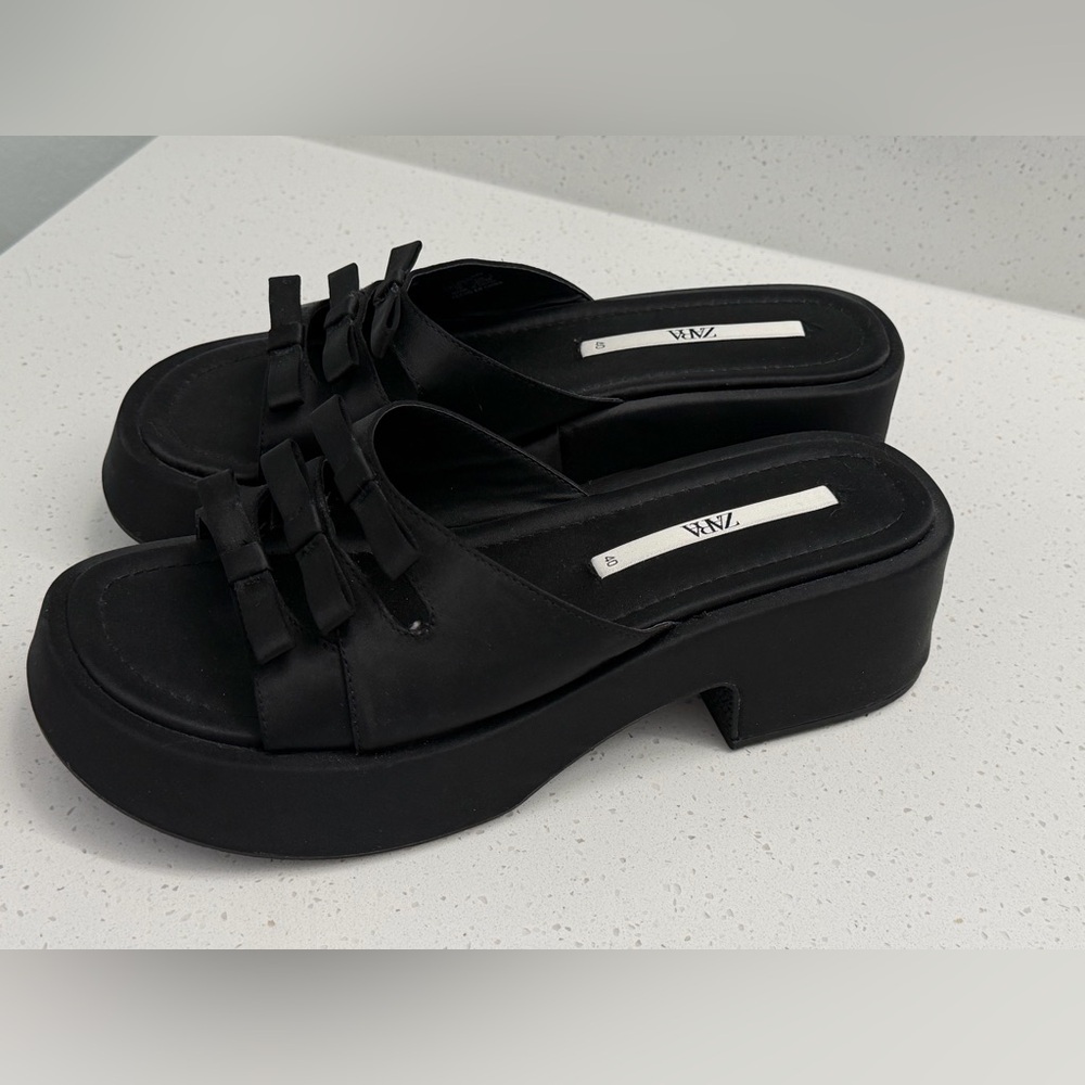 Zara Black Bow Platform Mules